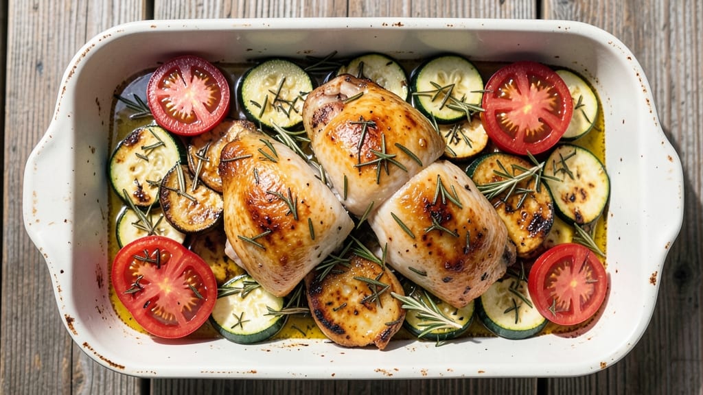 Baked Chicken, Zucchini, and Tomato Recipe: Mediterranean Herb Crust With Juicy Centers