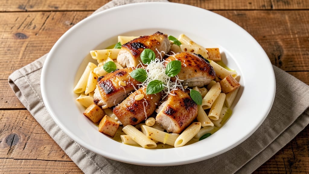 Baked Chicken Alfredo Penne Pasta Recipe: One-Pot Creamy Cheese Rivers Over Juicy Chicken