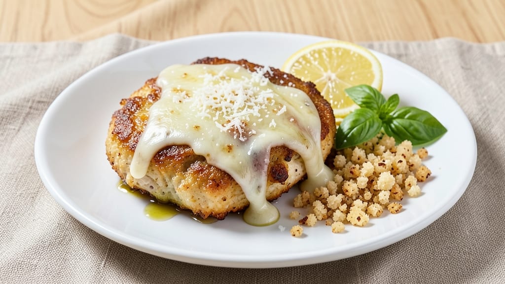 Baked Chicken Patty Parmesan Recipe: Triple-Dredged Crunch With Gooey Cheese Rivers