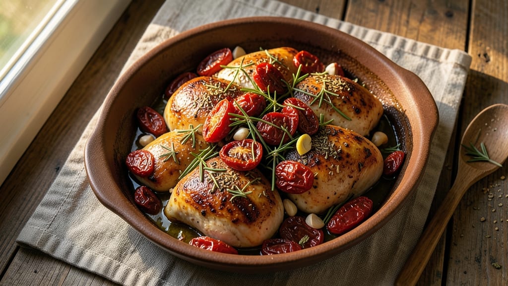 Baked Tuscan Chicken Recipe with Sun Dried Tomatoes: Herb-Infused Crust and Tangy Tomato Bite