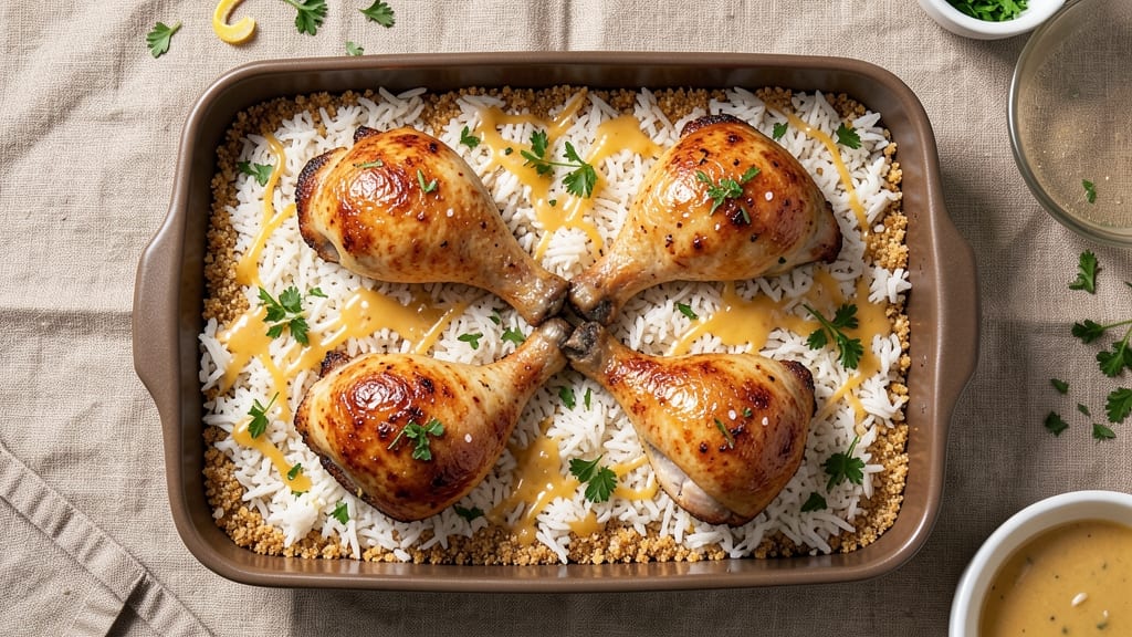 Baked Chicken Legs and Rice Casserole Recipe: One-Pan Crisp-Top Comfort