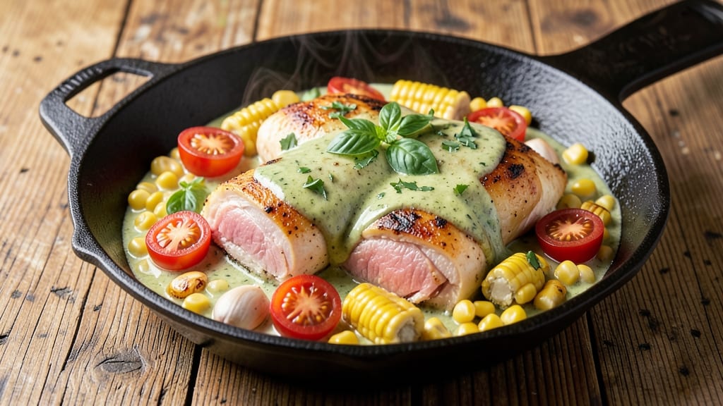 Creamy Basil Chicken Skillet With Corn and Tomato Recipe: Herb-Infused One-Pan Dinner in 25 Minutes
