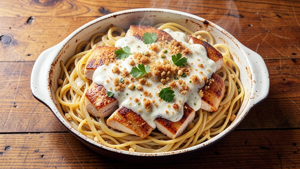 Grandma's Spaghetti Chicken Casserole Recipe: Crispy Top, Melty Cheese Layers